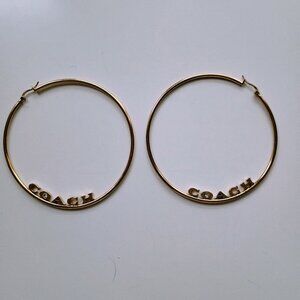 COACH-SIGNATURE LARGE GOLD HOOP EARRINGS W/DIAMOND STUD-3"